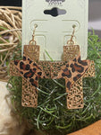 Cross Drop Earrings With Animal Print &  Cork Accent