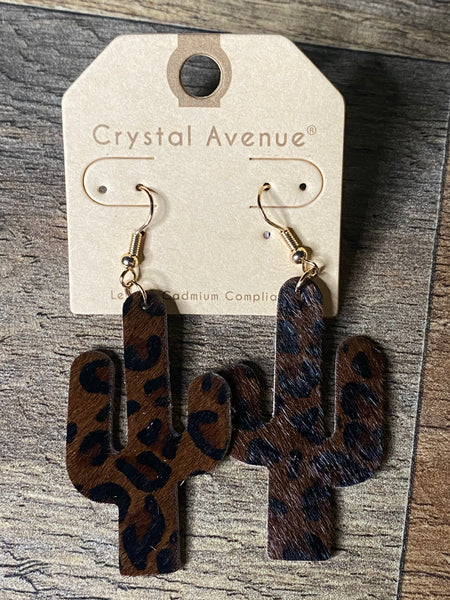 Leather Leopard Print Cactus Drop Earrings