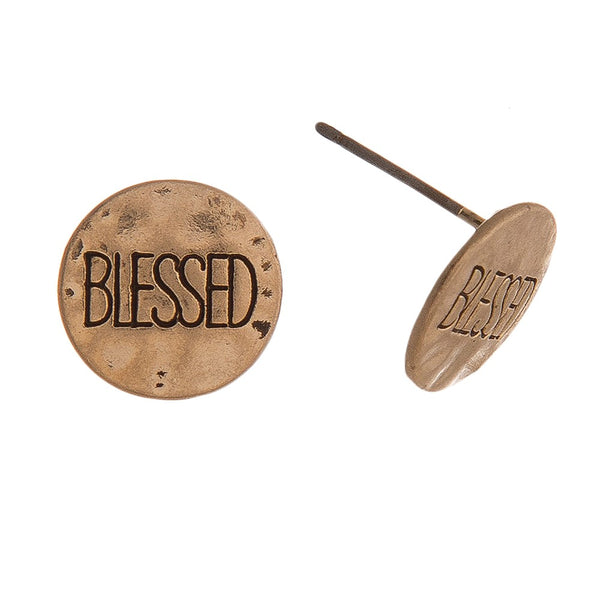 Gold Tone Round Metal Earrings Featuring "Blessed" Stamp