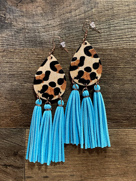 Leopard Print Earrings Featuring Turquoise Leather Tassel Accents