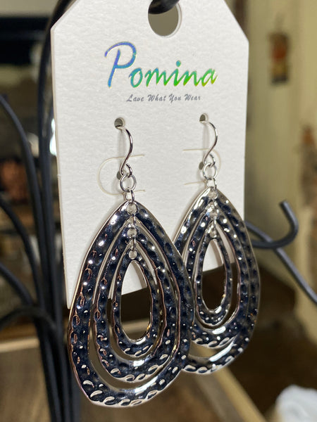 Metal Tear Drop Earrings with Silver Toned Hammered Texture
